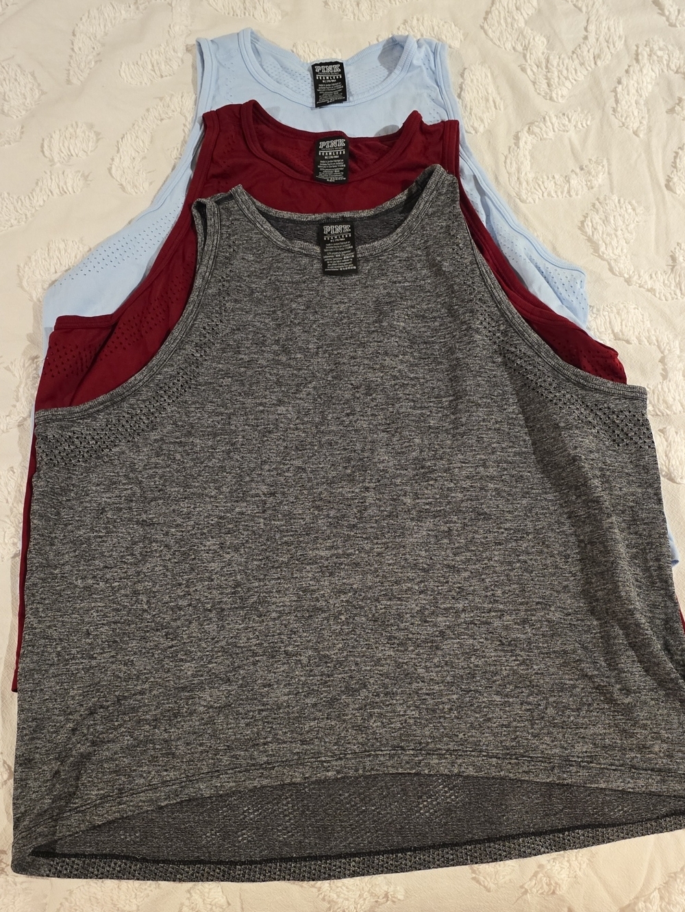 PINK Victoria's Secret Tank Tops — Heather Gray, Maroon & Light Blue Set